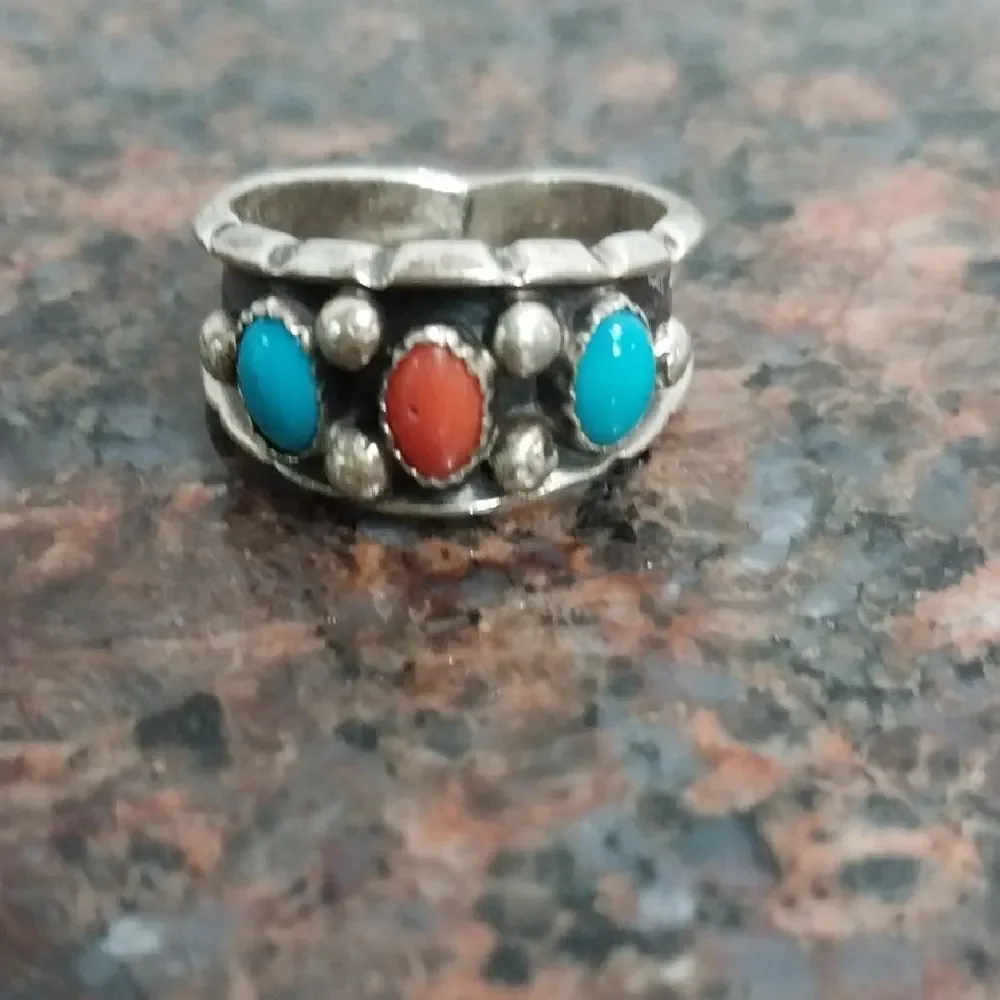 Sterling Silver Ring with Turquoise and Coral Accents.  It Is Signed E and L.